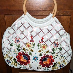 ISABELLA FIORE Embroidered Cream Leather HandBag NWOT